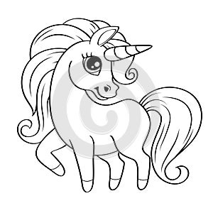 Cute little unicorn. Vector black and white illustration for coloring book