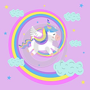 Cute little unicorn with wings is flying over the rainbow