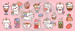 Cute little unicorns cats sweets. Sugar desserts and drinks, fruit milk and fairy animals, kawaii rainbow pets with cupcakes,