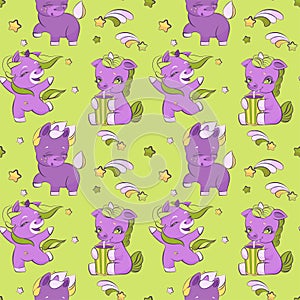 Cute little unicorns on a meadow, seamless pattern
