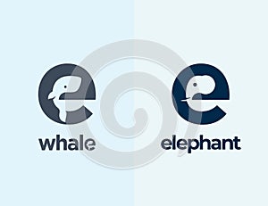 Cute Little Whale and Elephant Silhouettes Incorporated in the Letter E. Abstract Vector Logo Templates, Signs or Icons