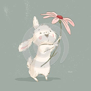 Cute little white bunny character stand with big flower isolated.