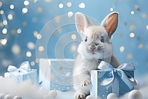 Cute Little white bunny with Gift Box, hearts on Blue Christmas Background. Inscription Love you