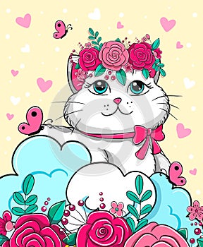 Cute little white cat and flowers. Vector animal illustration