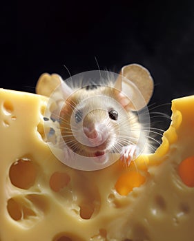 Cute little white mouse peeking out with curiosity over a large piece of cheese. Copy space. Generative AI