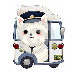 Cute little white puppy dog driving bus or minivan, cartoon chibi style, AI generative