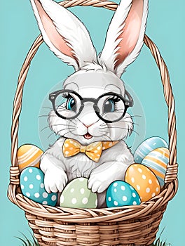 A cute little white rabbit with glasses in a basket with Easter eggs