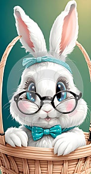 A cute little white rabbit with glasses in a basket with Easter eggs