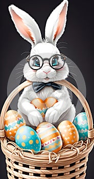 A cute little white rabbit with glasses in a basket with Easter eggs