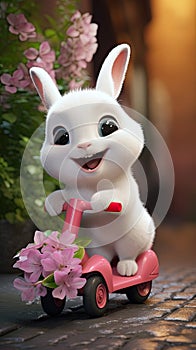 Cute little white rabbit riding a toy car with flowers in the garden, Generative AI