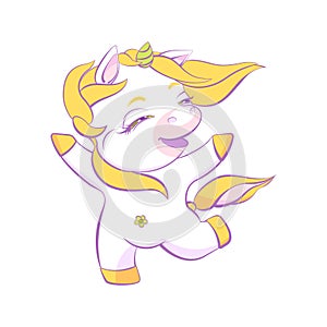 Cute little white unicorn is skipping
