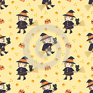 Cute Little Witch and Black Cat Seamless Pattern