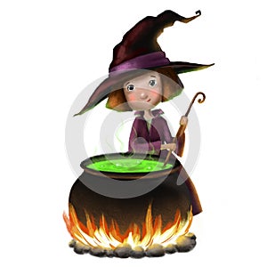 cute little witch with caldron, halloween children's illustration with funny cartoon character