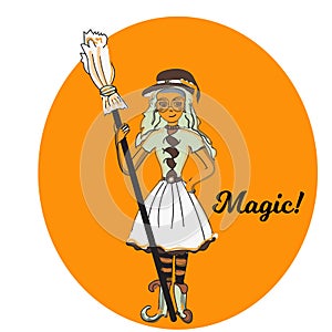 Cute little witch , cartoon magic Halloween young girl, character costume hat, illustration.