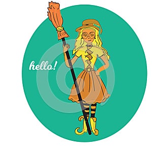 Cute little witch , cartoon magic Halloween young girl, character costume hat, illustration.