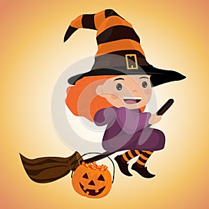 Cute little witch flying on a broomstick. Vector illustration