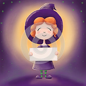 Cute little witch in the full moon