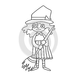 Cute little witch girl with broom coloring page for children vector. Funny hand-drawn cartoon girl in witch dress and