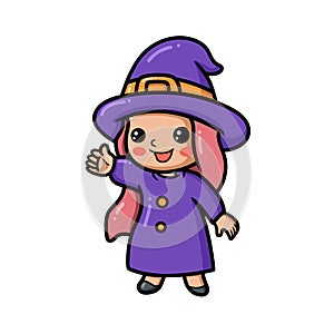 Cute little witch girl cartoon waving hand