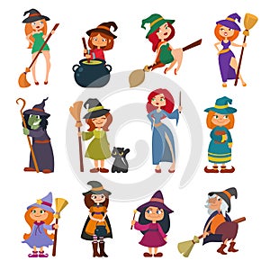 Cute little witch hag harridan vixen with broom cartoon magic Halloween young girls character costume hat vector photo