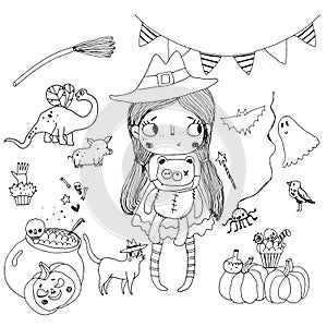 Cute little witch in a hat and with a toy bear in her hands. Coloring book for children