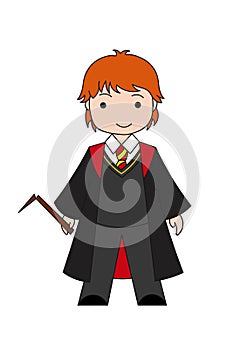 cute little Wizard with owl magic wand long coat. boy wearing winter dress. Kid with orange hair. Latest Coloring page for kids.