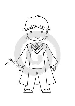 cute little Wizard with owl magic wand long coat. boy wearing winter dress. Kid with orange hair. Latest Coloring page for kids.