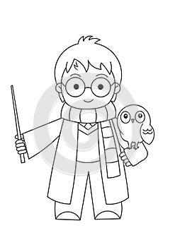 cute little Wizard with owl magic wand and muffler. Latest Coloring pages. Magician wand. boy wearing winter dress.