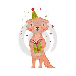 Cute Little Xerus Character with Pretty Snout in Birthday Hat with Gift Box Vector Illustration