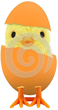 Cute little yellow baby toy chick come out of a broken colourful painted Easter egg isolated on white transparent background PNG