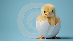 Cute little yellow chicken in an eggshell on a blue background