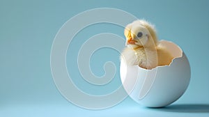 Cute little yellow chicken in an eggshell on a blue background