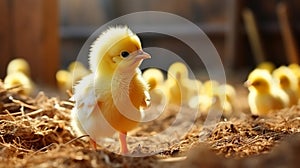 Cute little yellow chicken on the farm. Happy easter