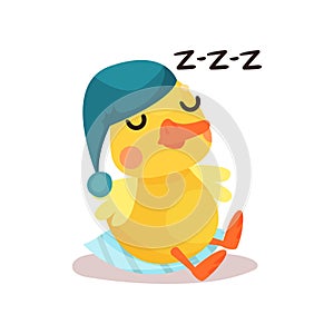 Cute little yellow duck chick character in a blue hat sleeping cartoon vector Illustration