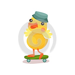 Cute little yellow duck chick character in grey hat riding on skateboard cartoon vector Illustration