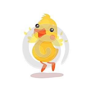 Cute little yellow duck chick character trying to fly cartoon vector Illustration