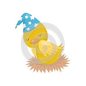 Cute little yellow duckling character in blue hat sleeping in the nest vector Illustration on a white background