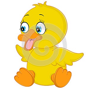 Cute little yellow duckling sitting isolated on a white background.