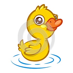 Cute little yellow duckling with a smile swims