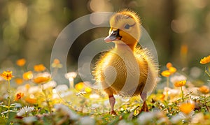 Cute little yellow duckling walking on the grass in the morning light