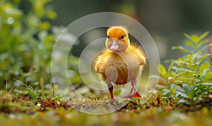 Cute little yellow duckling walking on the grass in the morning light