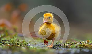 Cute little yellow duckling walking on the mossy ground