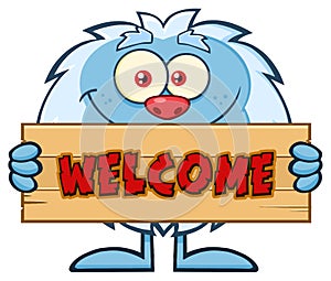 Cute Little Yeti Cartoon Mascot Character Holding Welcome Wooden Sign