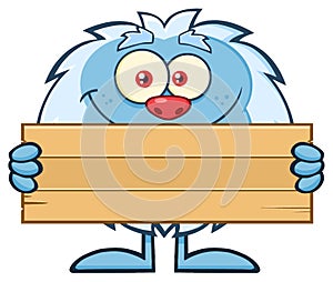 Cute Little Yeti Cartoon Mascot Character Holding Wooden Blank Sign