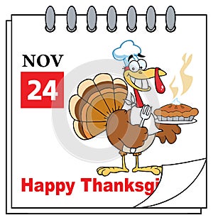 Calendar Page With Turkey Chef With Pie