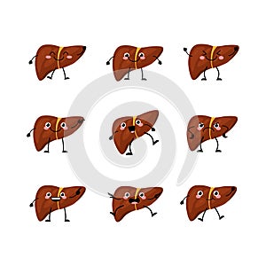 Cute liver organs character set  in a flat cartoon style
