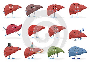 Cute liver positive and negative emotions organs set vector illustration.
