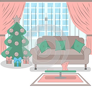 Cute living room interior design with furniture, big window, christmas tree, sofa, pillows, in pink style.