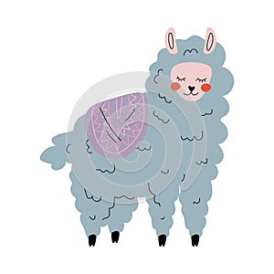 Cute Llama, Adorable Alpaca Animal Character in Pastel Blue Color, Side View Vector Illustration