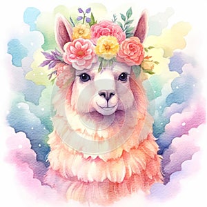 Cute llama alpaca in flower crown